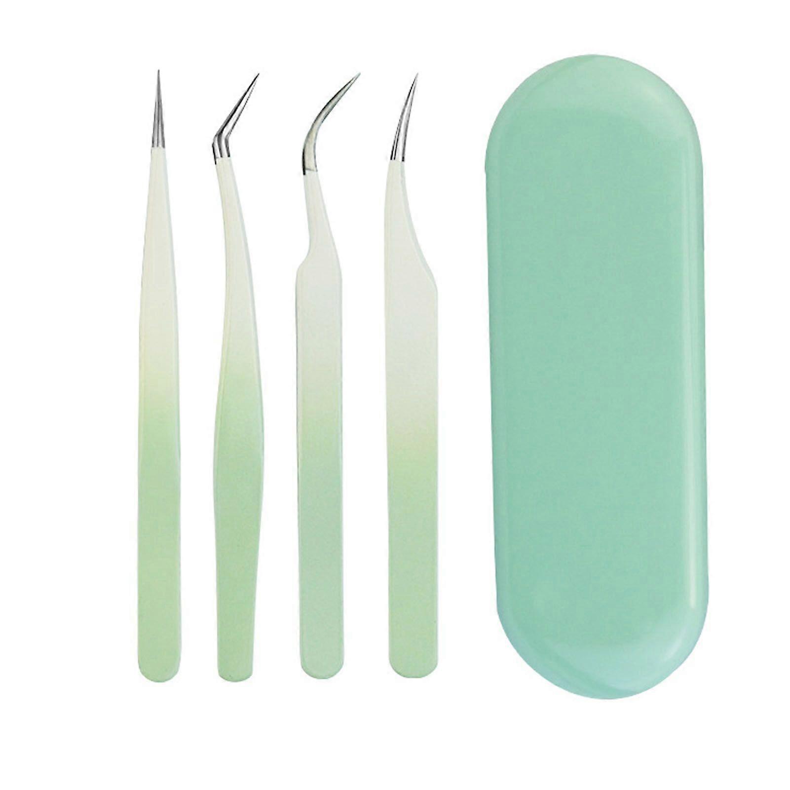 4pcs Eyelash Tweezers Set Stainless Steel False Eyelash Extension Tweezers Multifunctional Eyelashes Applicator Tools for Home Salon Green