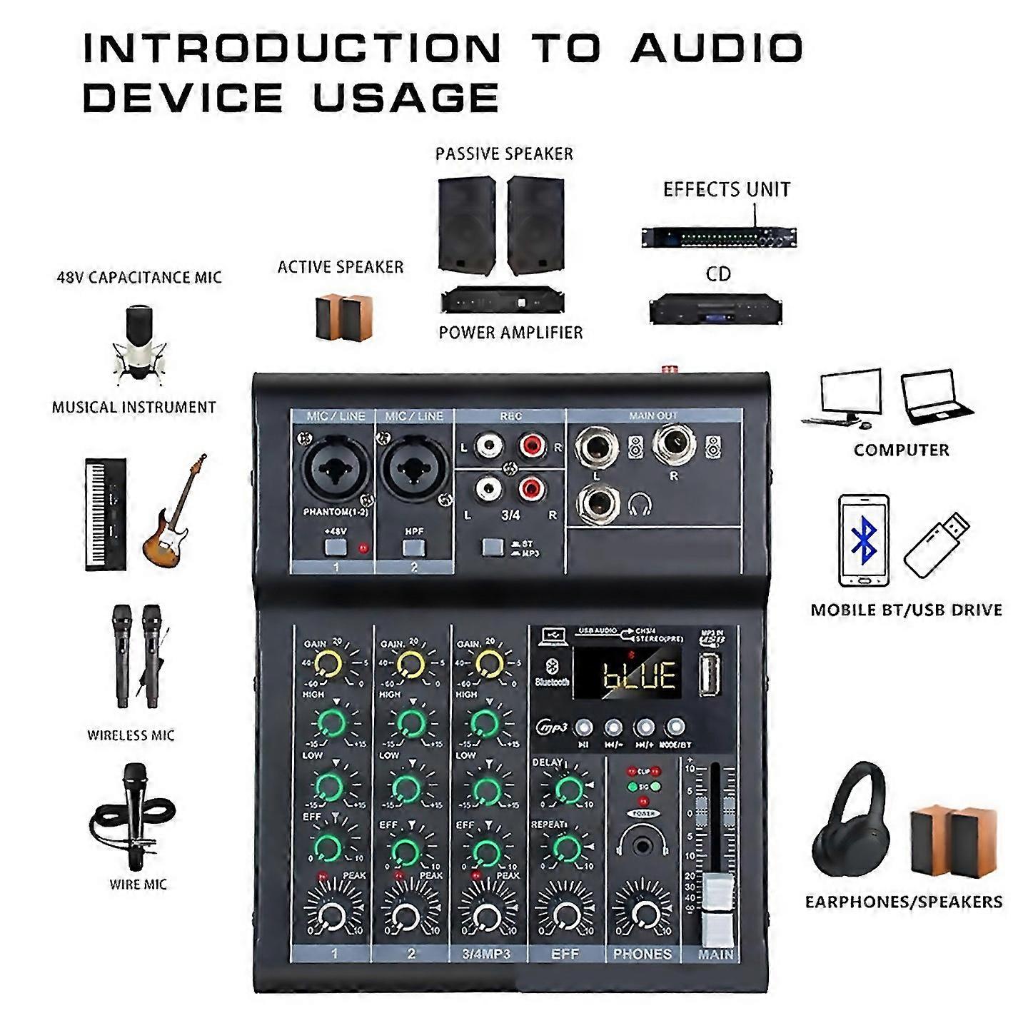 For Professional Digital Dj Mixer Console 4 Channel Audio Mixer Black