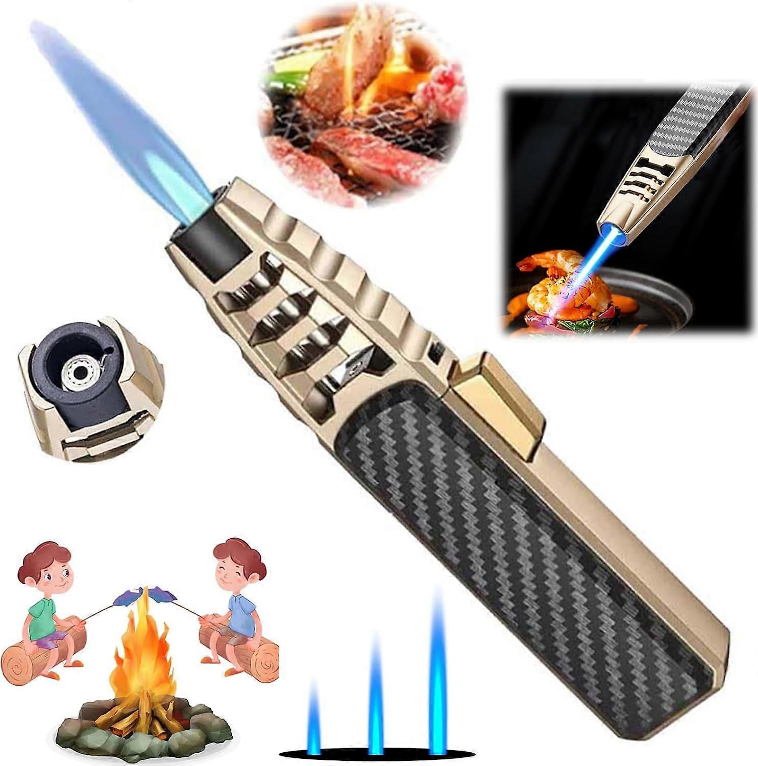 Portable Brightfire Turbine Jet Lighter, Windproof Blue Flame Torch, Butane Refillable for Men (Gold)