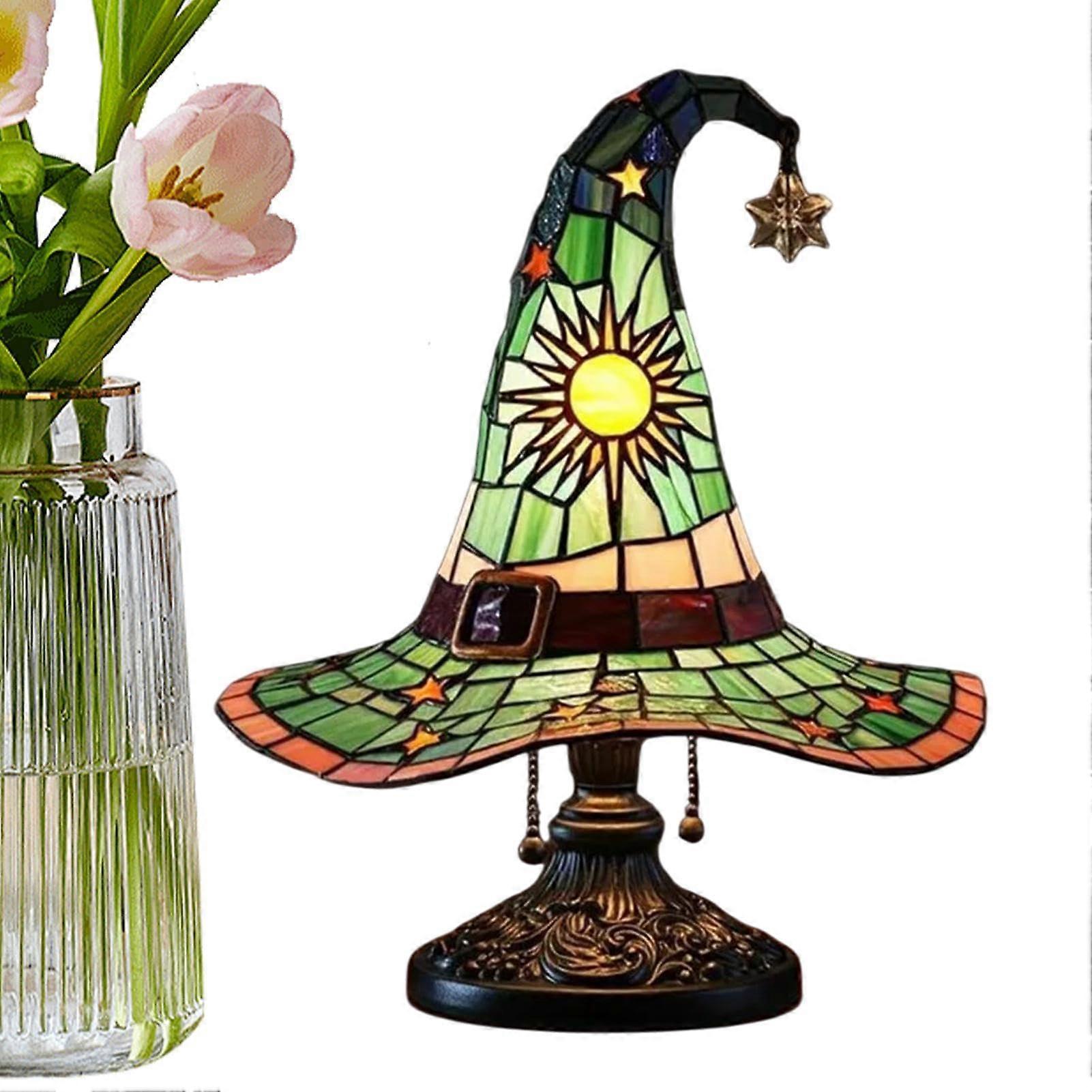 Wizard Hat Shape Gothic Lamp, Stained Glass Witch Hat Light, Halloween Decor with Mystical Charm, Green Resin Design