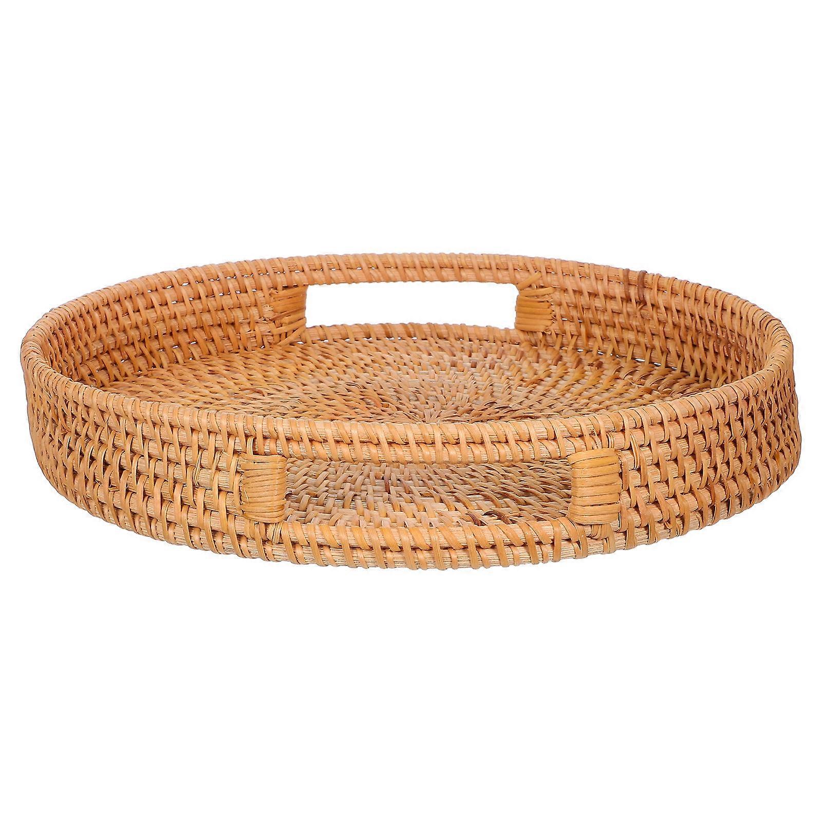 Round Serving Tray with Handle for Home Use 4Pcs Handwoven Rattan