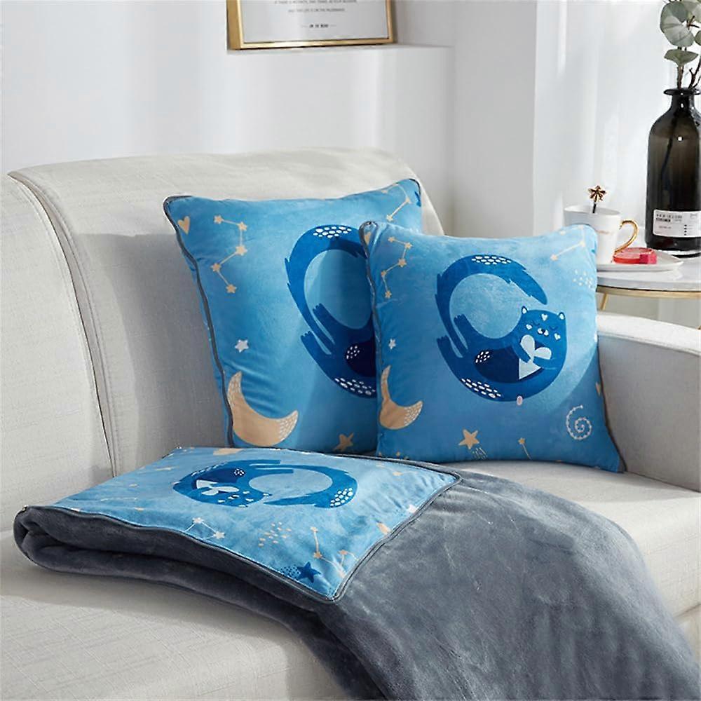 Travel Blanket and Pillow 2 in 1 Star Cat 150x200 cm Flannel, Reversible Plush Cushion for Sofa Bed Office