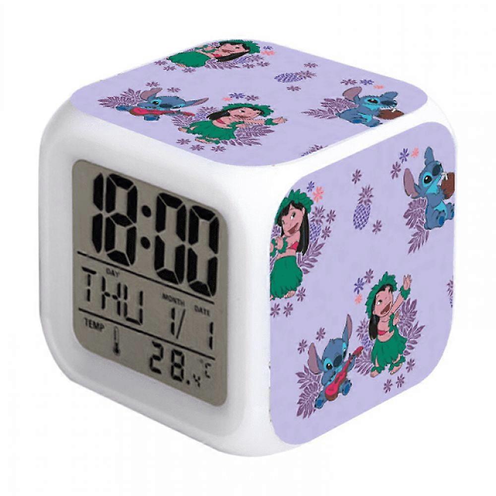 HANNTAOO Digital Alarm Clock for Kids, Cartoon Stitch 7 Color LED Wake-Up Light with Thermometer & Night Light, Gift for Boys Girls