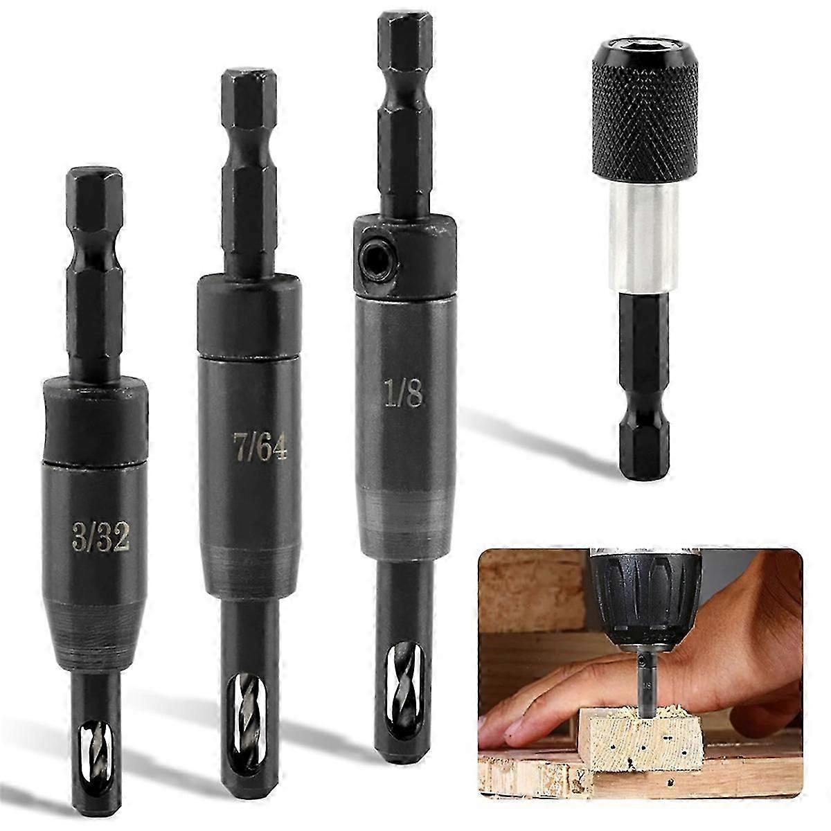 Self Centering Drill Bits Set,3/32in, 7/64in, 1/8in Self-Centering Hinge Drill Bit for 1/4 in Center