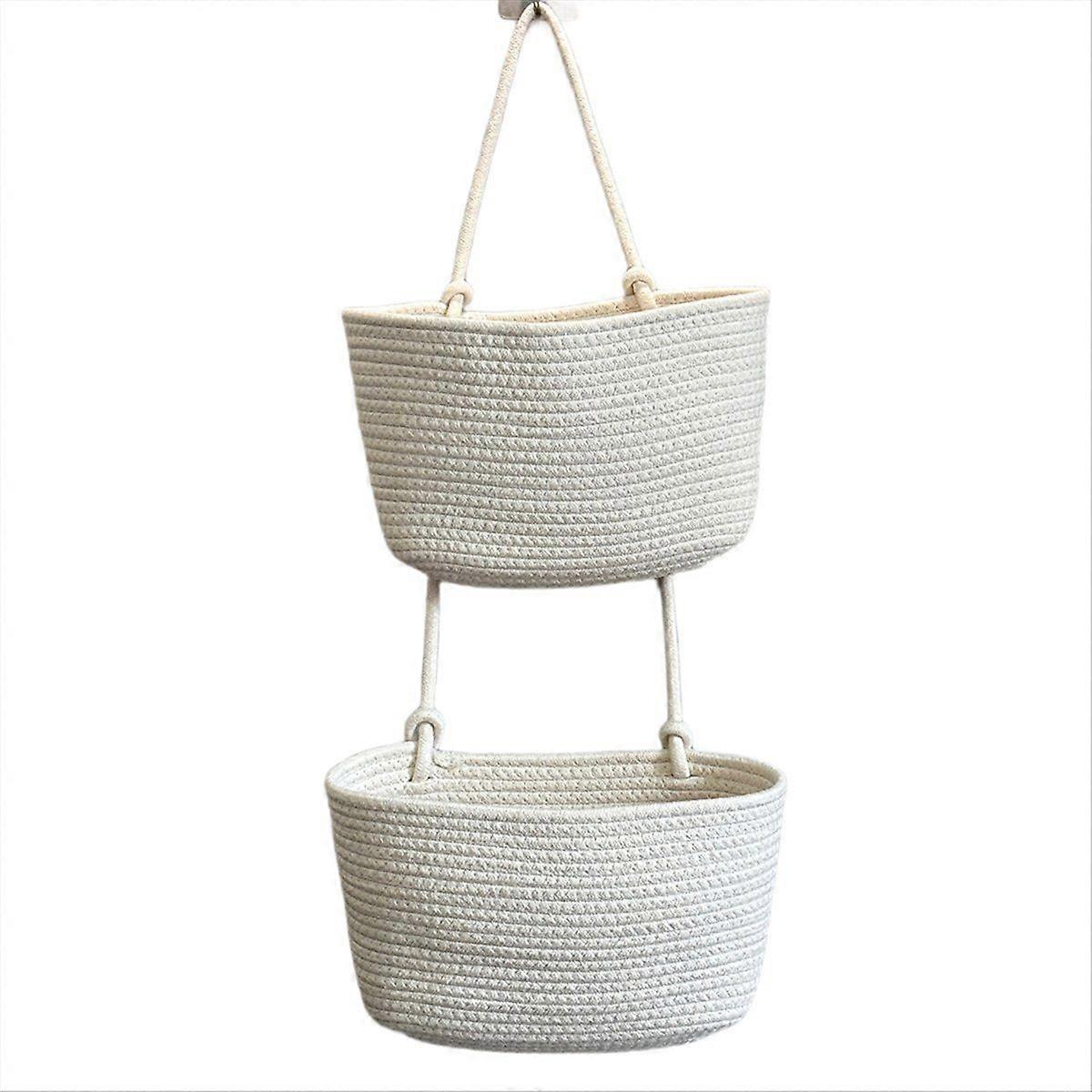 Household Wall-Mounted Storage Basket, Two-Layer Hanging Woven Basket, -2