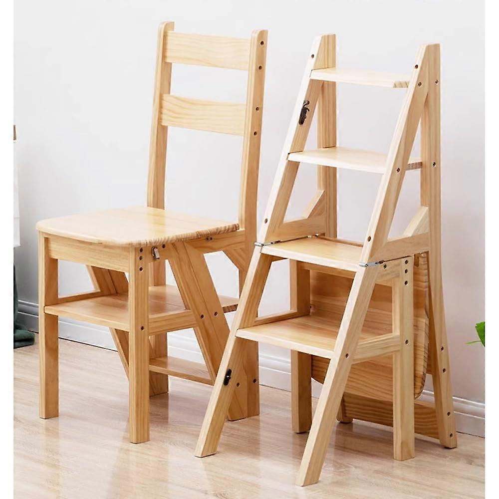 Solid Wood Folding Library Ladder Chair 4Tier Portable Step Stool Bookshelf Flower Stand Storage And Decoration
