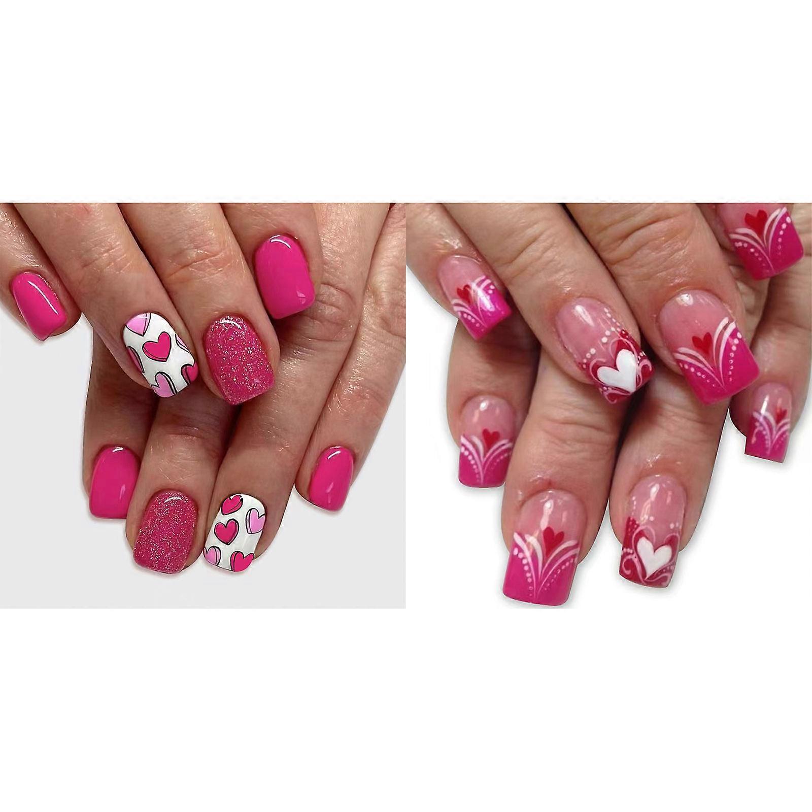 ציפורניים מלאכותיות ולנטיין ציפורן מרובעת ציפורן לחץ על ציפורן אקרילית כיסוי מלא ציפורן מלאכותית דביקה ציפורן מבריקה ציפורן מלאכותית 12 גדלים ססגוניים