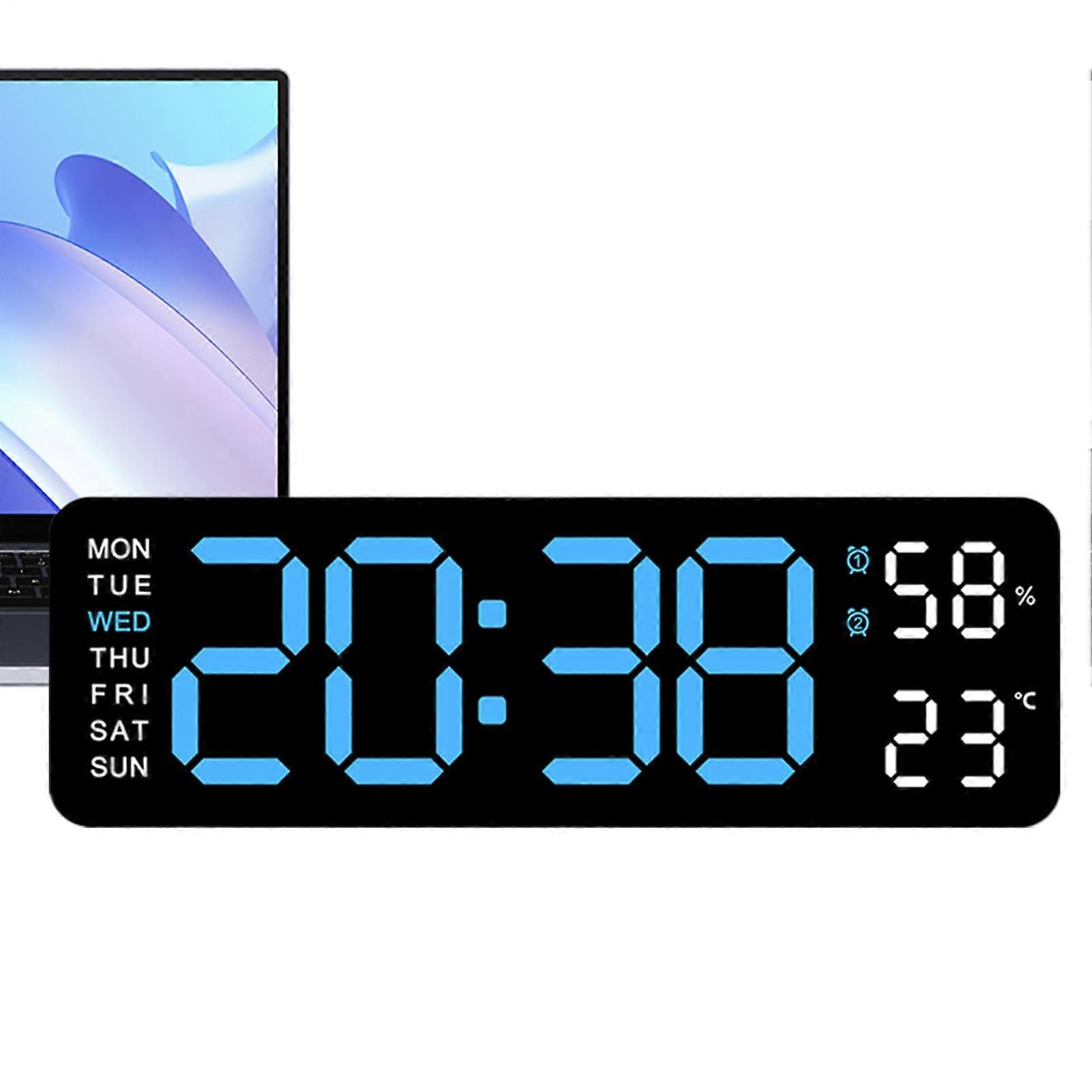 Digital Wall Clock Rectangular LED Display Large Font Alarm Multifunctional Home Decor Blue Kitchen Living Room