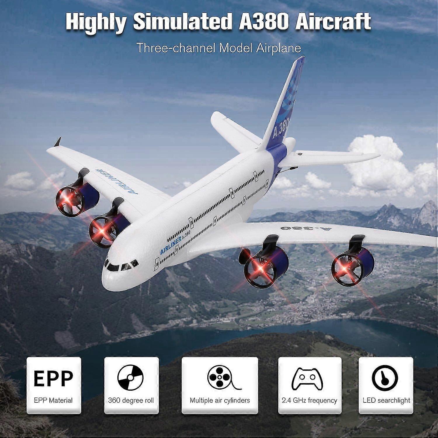 A380 2.4G RC Airplane Flying Aircraft Glider with LED Searchlight, 3CH, for Beginner, EPP Foam Fixed Wing