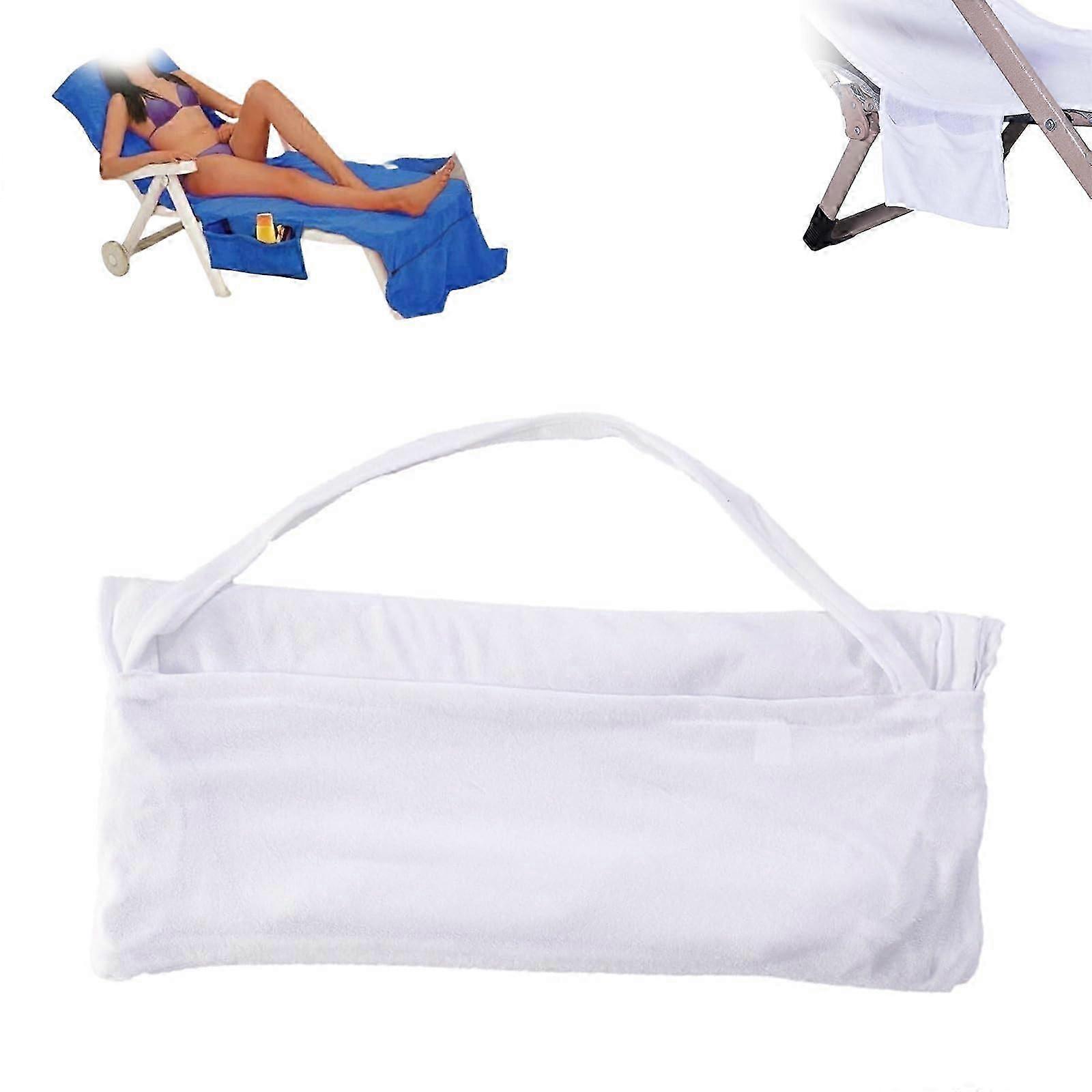 Unbrand Sun Lounger Towel in Bag with Pockets Chaise Lounge Cover Towel for Pool Beach Patio (White)