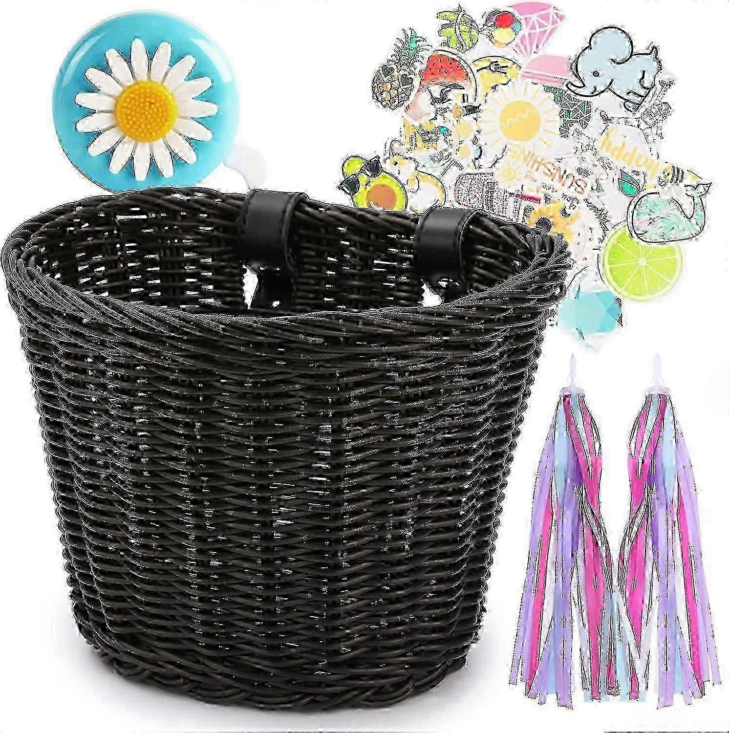 Children's Bicycle Front Basket Plastic Woven with Ribbons