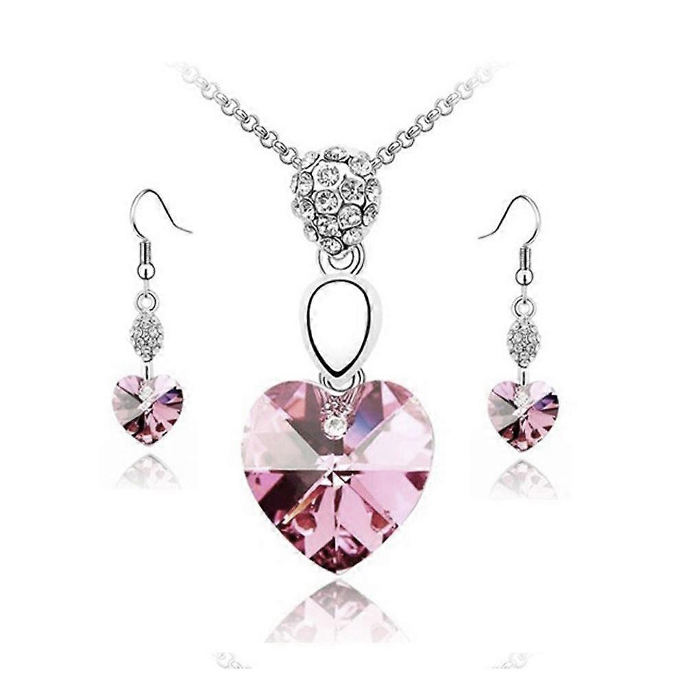 浅粉色水晶元素心脏吊坠项链和耳环套装珠宝