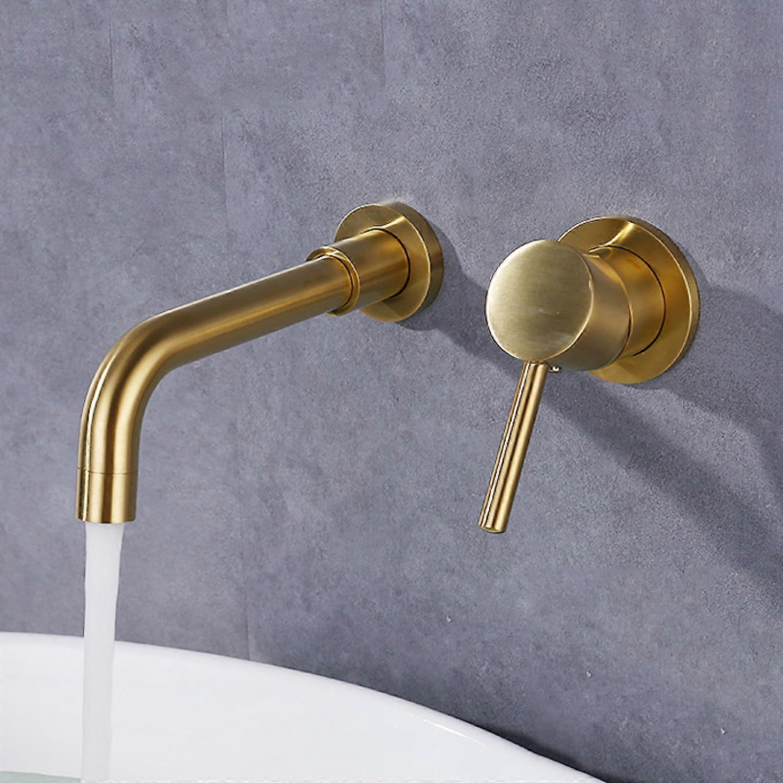 Wall Mounted Bathroom Faucet with 360° Swivel Spout, Single Handle Brass Basin Tap, Brushed Gold