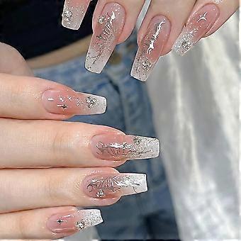 White Press on Nails Coffin Medium French Tip Glue on Nails with Glitter Butterfly Rhinestone Design Fake Nails for Wedding Birthday Acrylic False Na