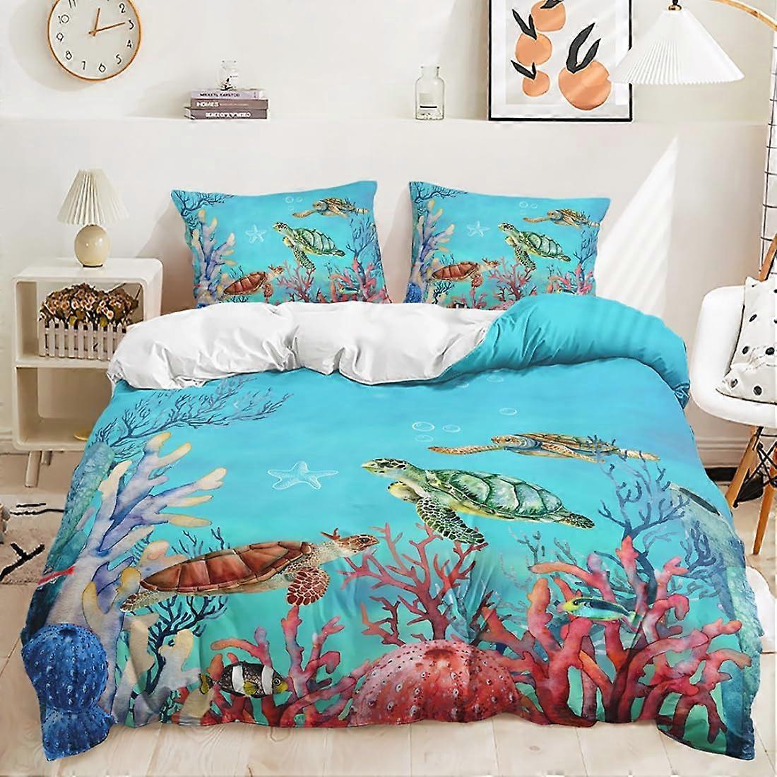 Queen Size Ocean Theme Cotton Duvet Cover Set with Pillowcases, Fade Resistant, Zipper Closure
