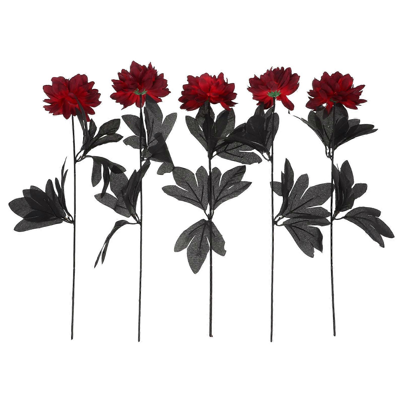 Artificial Flower Dahlia Bouquet 5Pcs for Home Use Dark Red Fabric