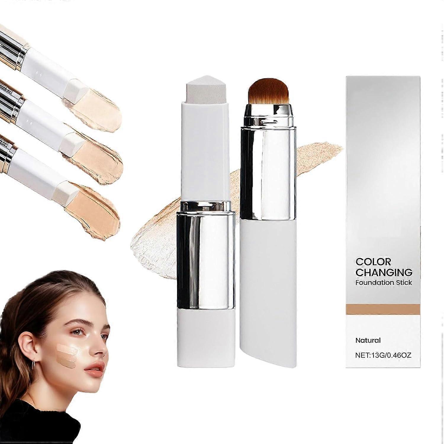 Color Changing Foundation Stick with Brush, Waterproof Long Lasting, Dual Ended for All Skin Types
