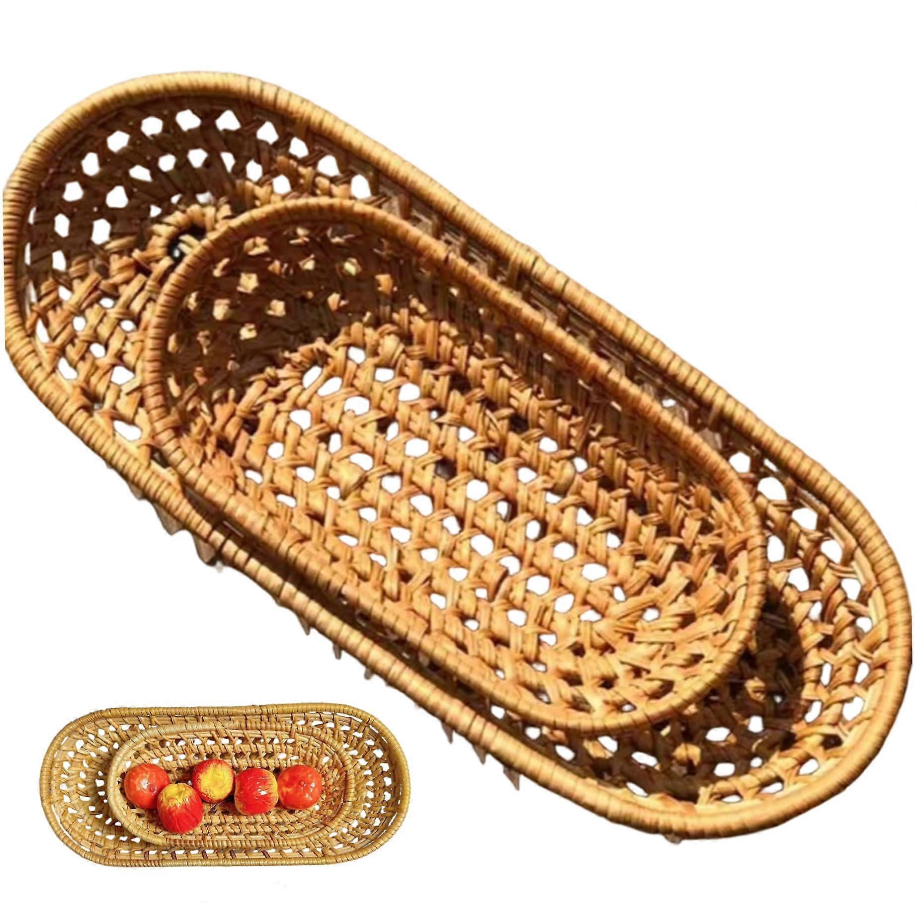 Wicker Bread Basket Set 2pcs Oval Handwoven Rattan Serving Baskets for Bread Fruit Storage Display