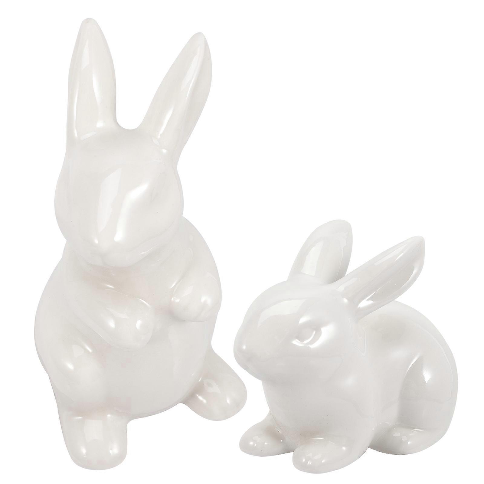 Ceramic Bunny Ornament White Rabbit Figurine for Decor 2Pcs