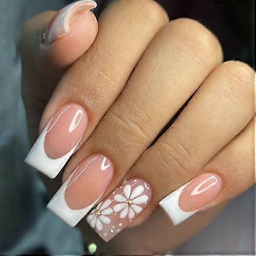 Press On Nails Set Medium Square Fake Nails Reusable Acrylic Tips with Glue