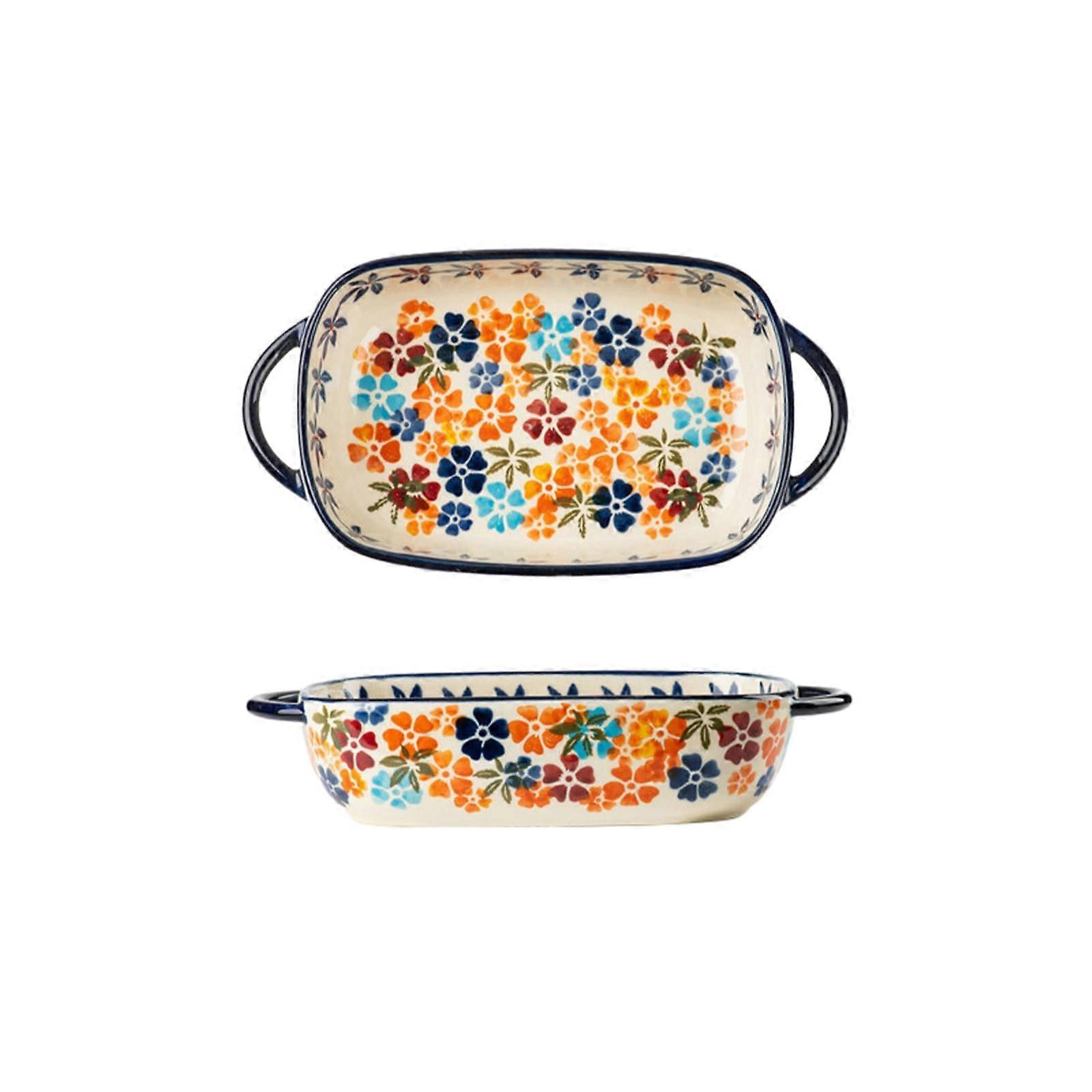 Ceramic Baking Dish with Handles, Oven and Microwave Safe Colorful Flower Pattern Rectangular Pan