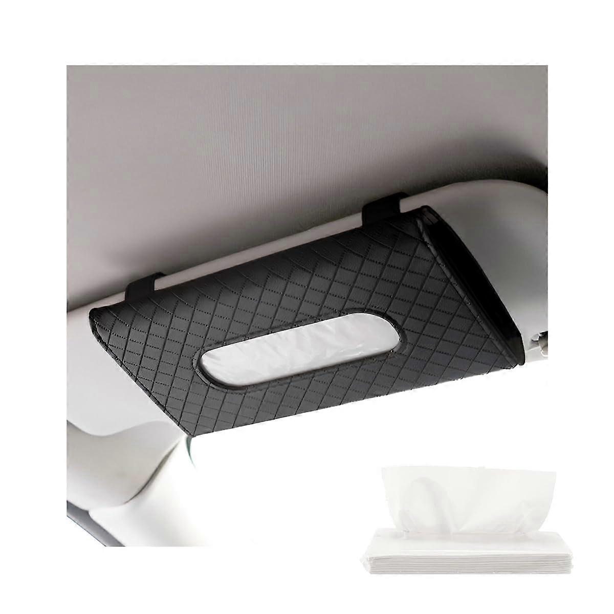 Leather Car Sun Visor Tissue Holder with OneHanded Access, Dual Storage, Secure Clip, Black