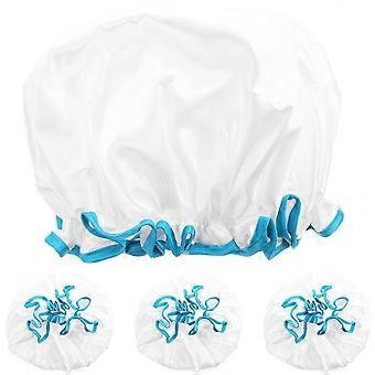 4 Pcs Elastic Waterproof Double-layer Satin Shower Caps for Women Reusable Bathing Hair Protector White Bath Cap Bathroom and Travel