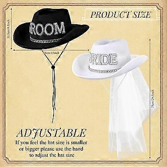 2er-Set Braut-Cowgirl-Hüte mit Schleierfedern, schwarze Bräutigam-Cowboy-Hüte für Hochzeit, Brautparty-Dekoration, Geschenke, Weiß & Schwarz