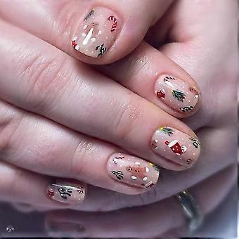 Christmas Press On Nails Short Square Fake Nails Pink Gingerbread Candy Cane Set for Women 24Pcs