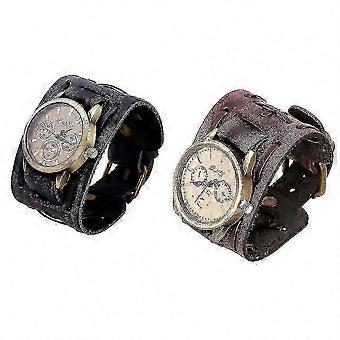Vintage Leather Cuff Watch Band for Men Quartz Wristwatch Retro Wide Strap,T