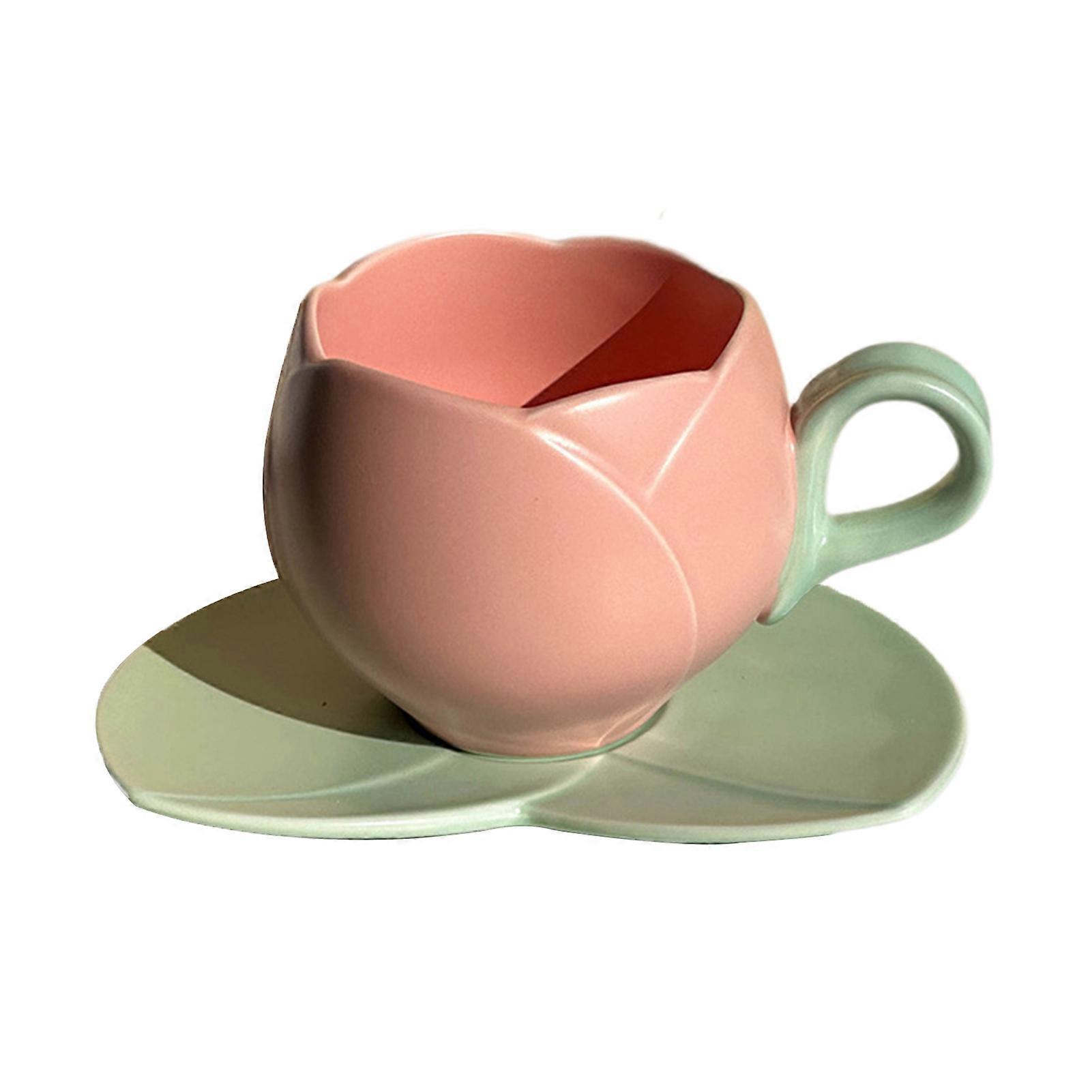 Space Saving Ceramic Tulip Mug with Coaster for Kitchen and Gift