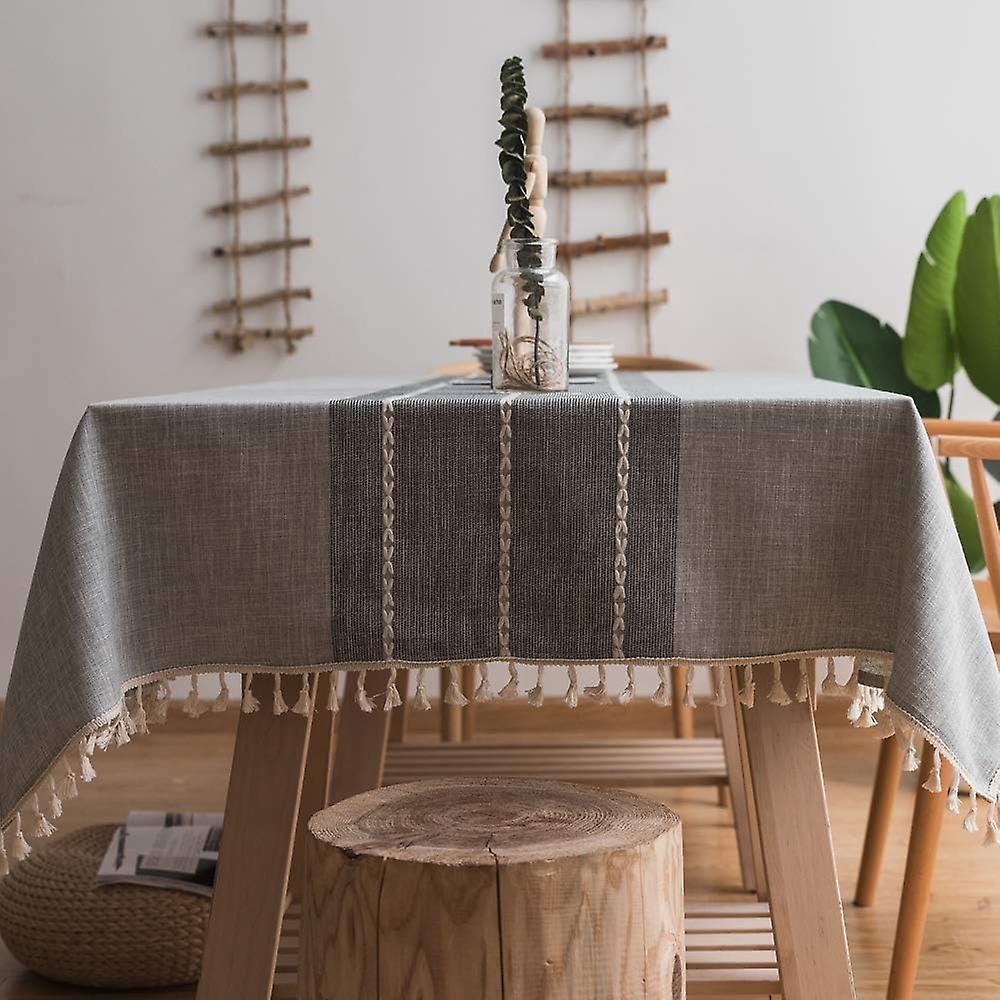 Nappe robuste en coton et lin pour tables rectangulaires Nappe avec broderie en treillis robuste. (140 x 250 cm, Gris)