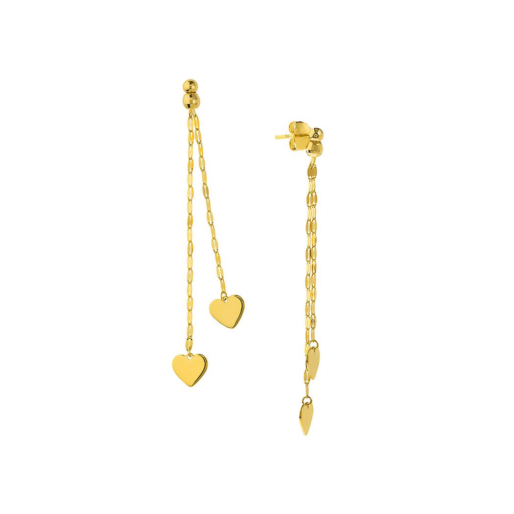 14Kイエローゴールドダングルハイポリッシュラブハートダブルストランドイヤリング-女性用ダングルイヤリング