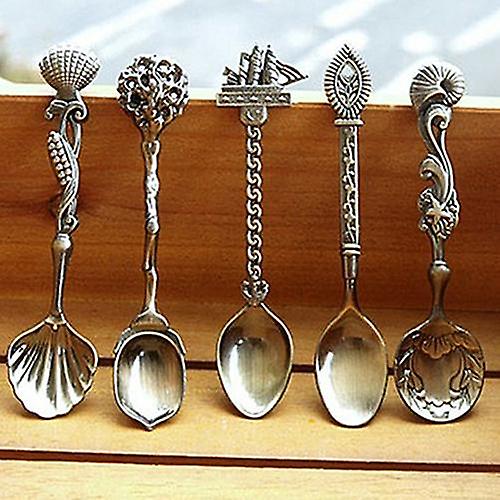 5Pcs Retro Gothic Pattern Carved Coffee Tea Snacks Sugar Spoons Kitchen Cutlery