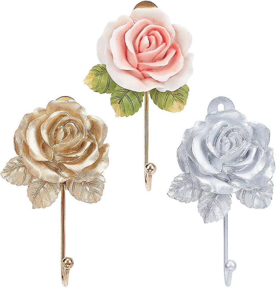 3 resin flower wall hooks (3 colours), decorative robe hooks, beautiful rose shaped hooks for hanging scarf bags, coats, keys, towels, handbags, hats.