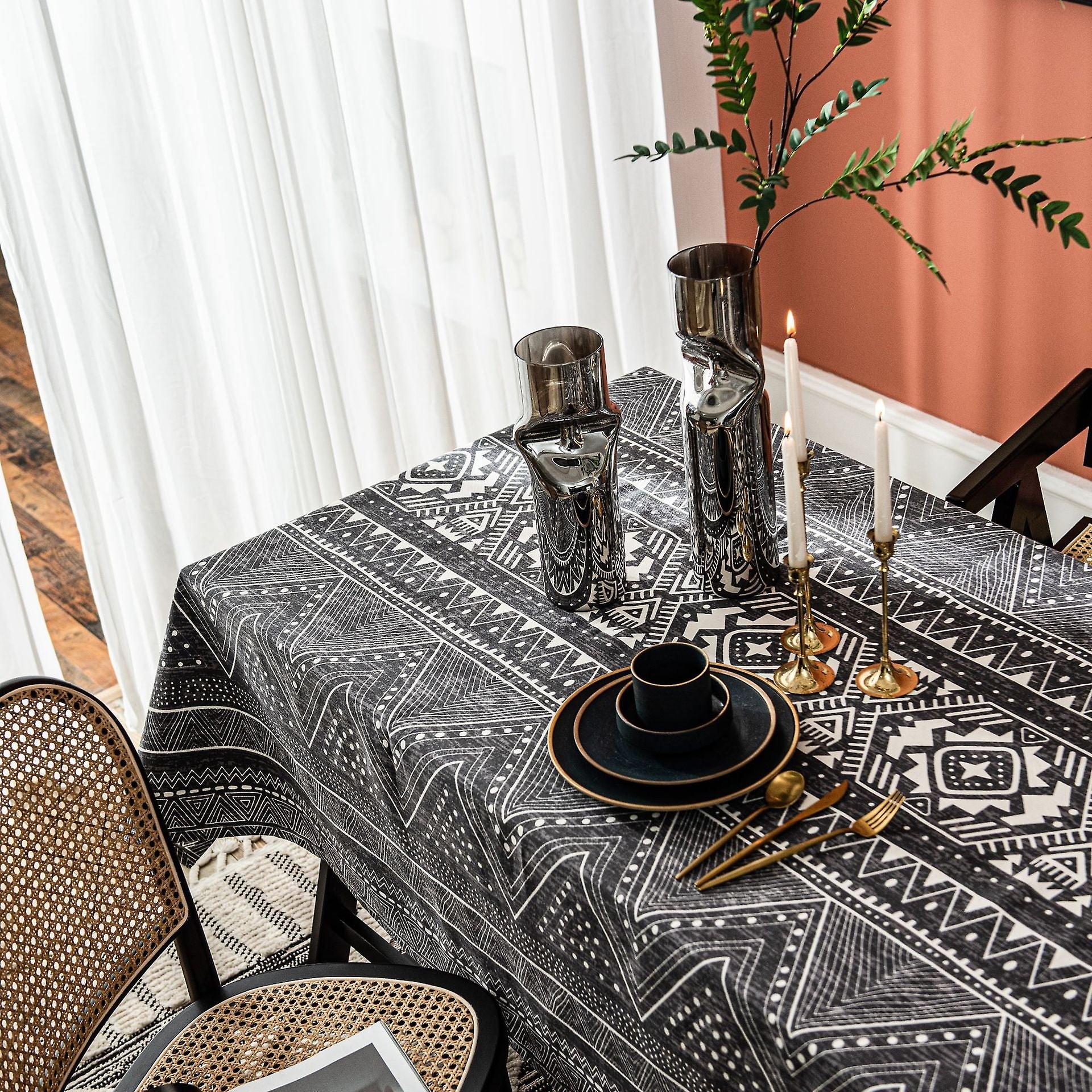 Black Tablecloth Geometric Triangle Printed Cotton Linen Rectangular Table Cloth