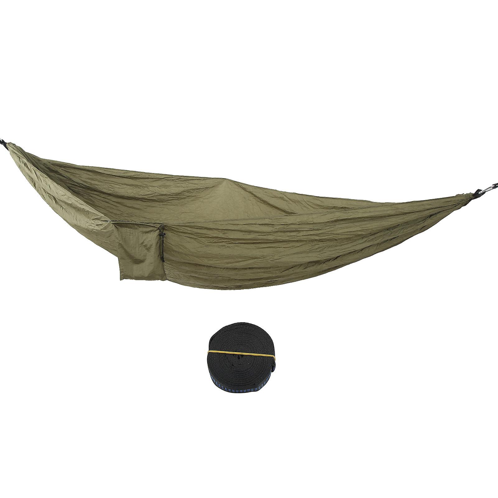 Double Portable Hammock Quick Drying Nylon Camping Hammock with Tree Strap for Outdoor Hiking Travel Backpacking Army Green