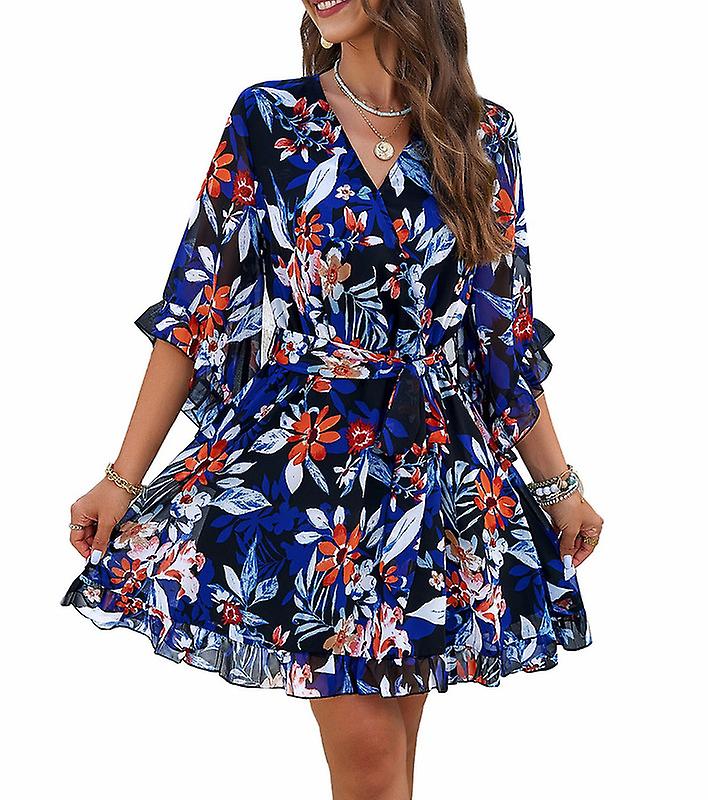 Womens 2024 Floral Print V Neck Ruffle Chiffon Dresses