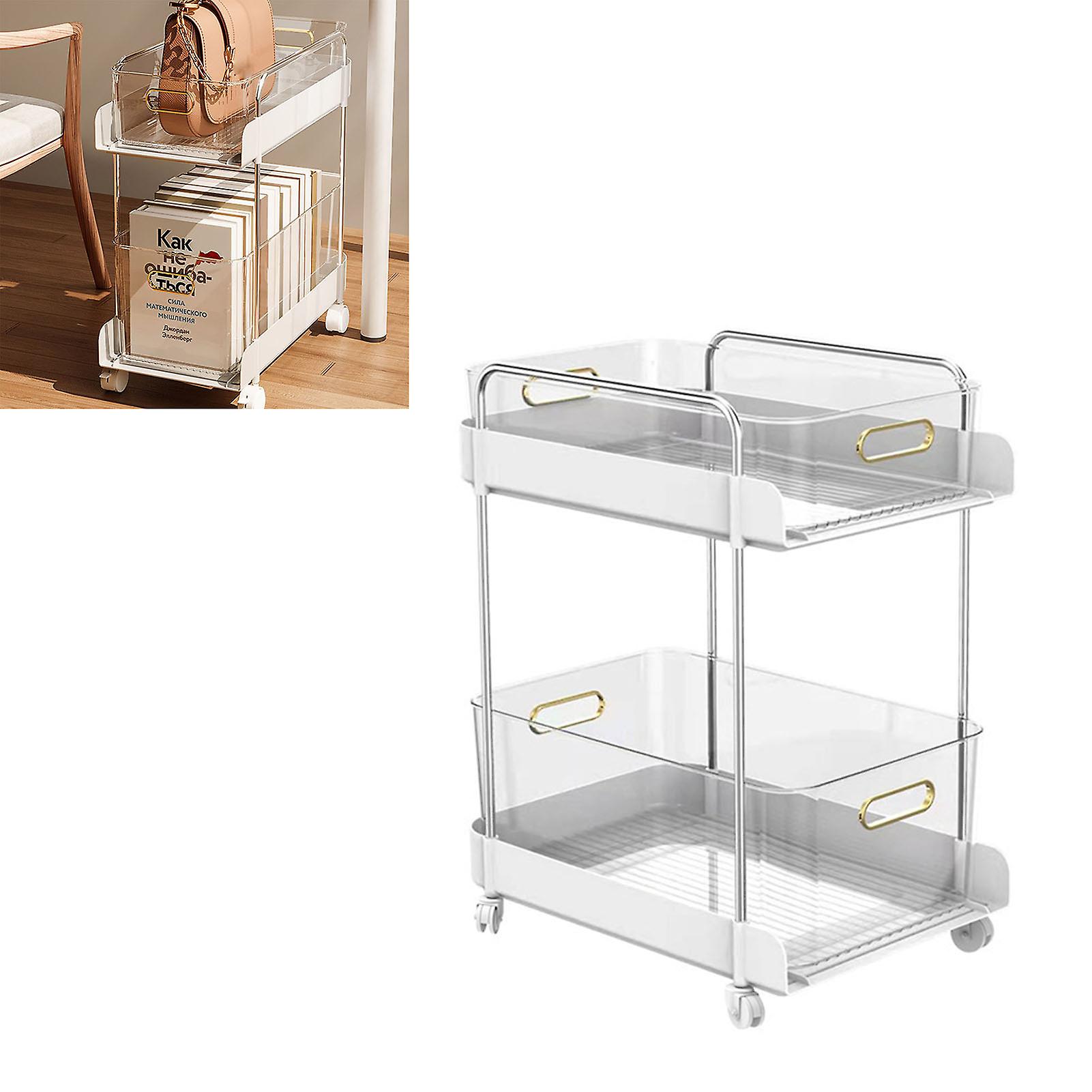 Rolling Cart 2 Tier Large Capacity Mobile Utility Cart Book Food Storage Organizer for Home Kitchen White Wide