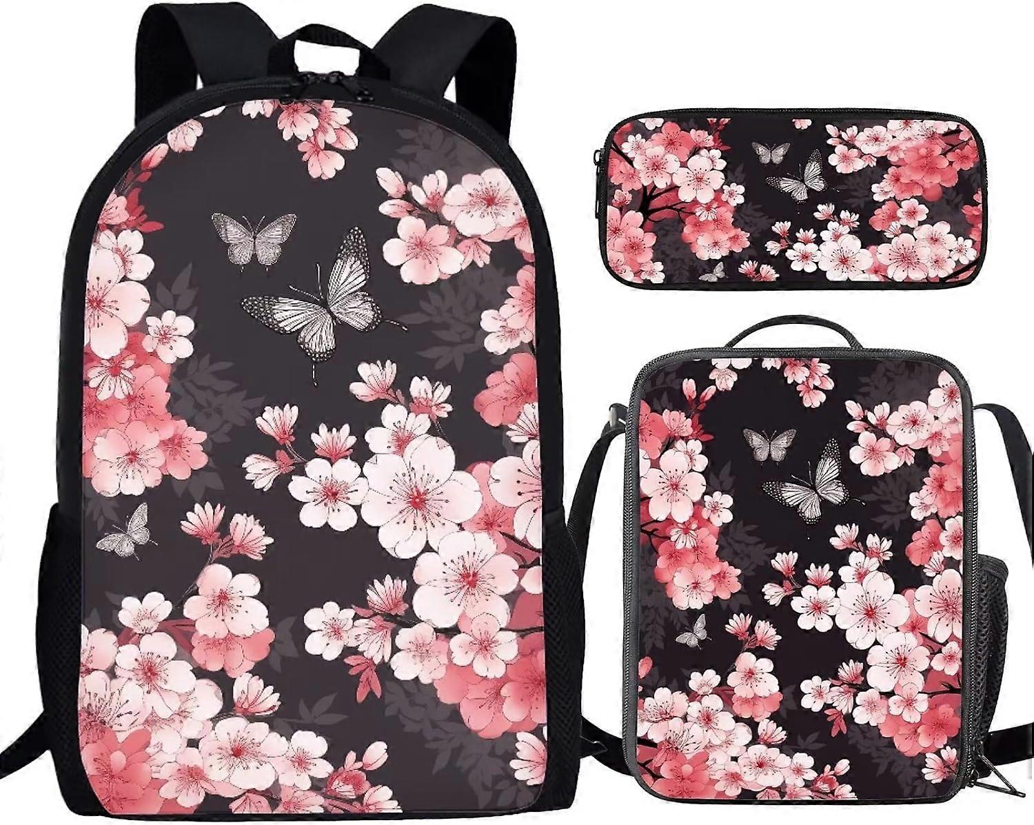 3 db szürke pillangó rózsaszín őszibarackvirág gyerek túra hátizsák készlet, iskolatáska könyvtáskák pénztárcák táskák ebédzsák lányoknak fiúknak