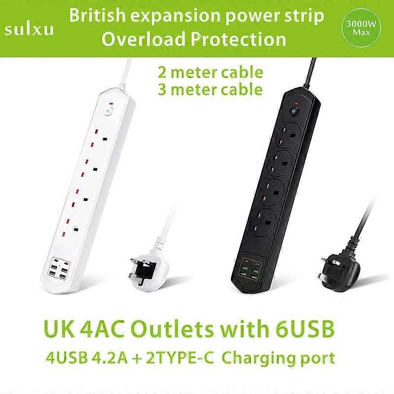 4AC UK Power Socket with Overload Protection USB Power Strip with TYPE-C Charger 3 Meter Cable Extension Sockets