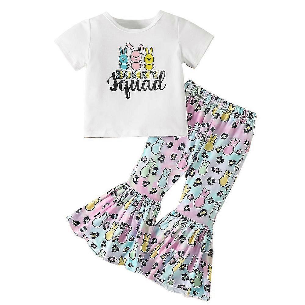 Easter Baby Outfit Kids Girls Cartoon Bunny Rabbit Print Short Sleeve T-shirt Top Flared Pants Trousers Set