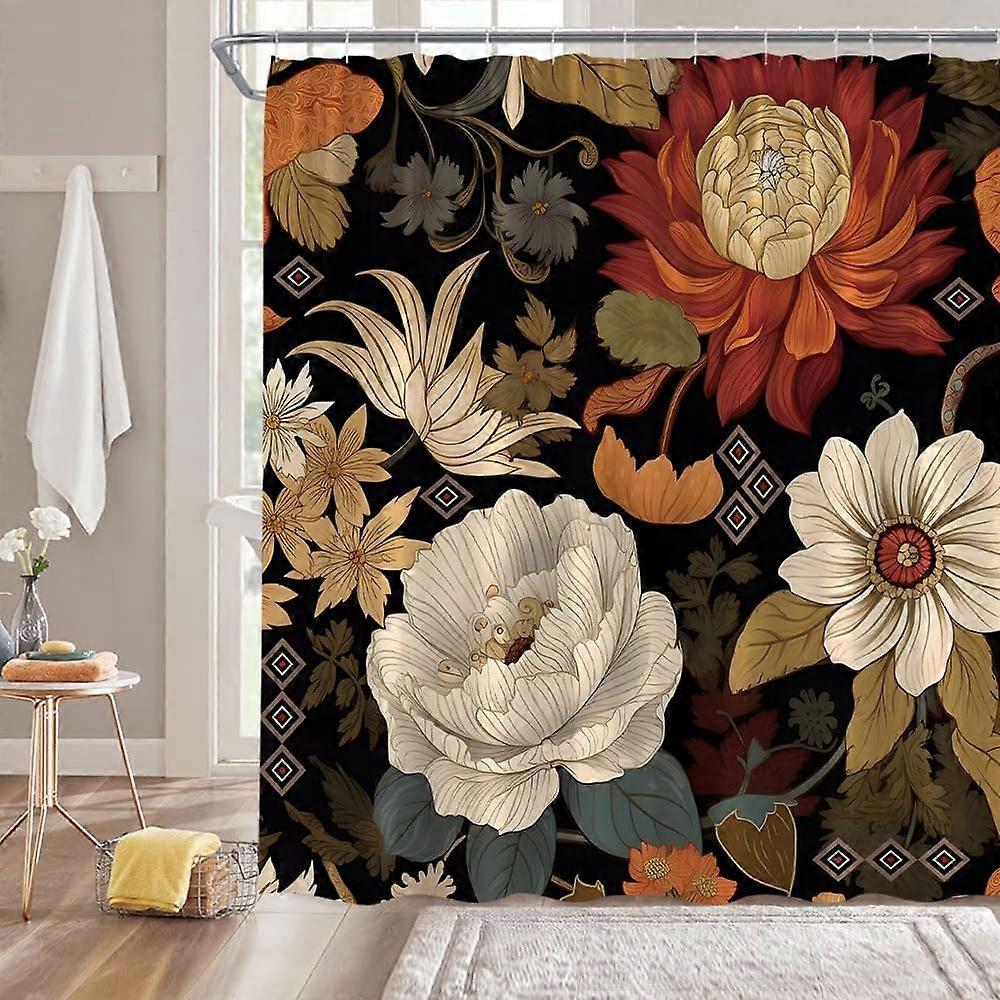 بوهو الأزهار دش الستار الملونة خمر مجردة زهرة نباتية منتصف القرن الحديثة الجمالية الرجعية الأسود ديكور الحمام النسيج ستارة مع هوك