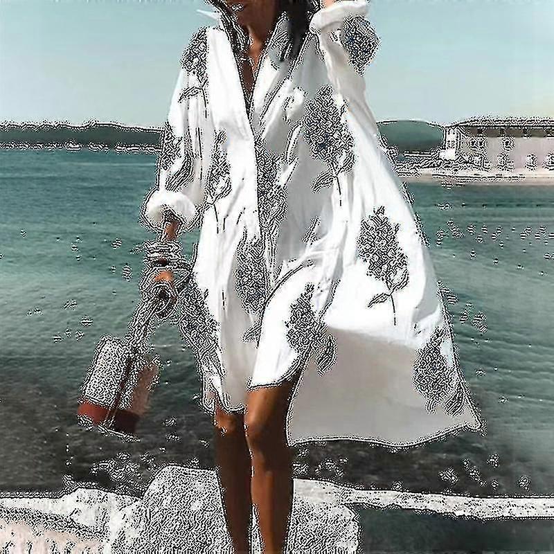 Women Lapel Neck Summer Beach Sundress Casual Holiday Midi Dress Floral Print Shirt Dresses