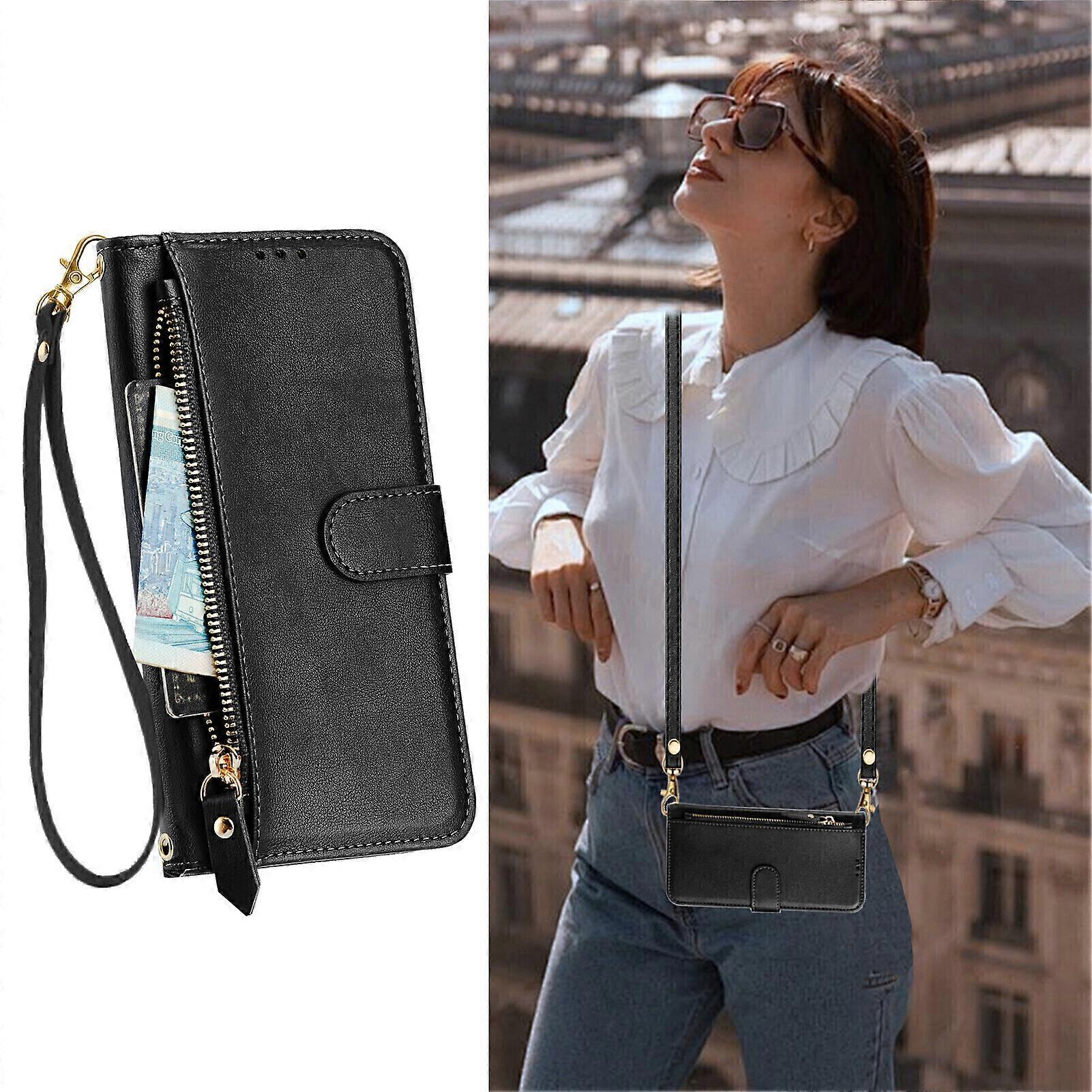 Case for TCL 40 T Zipper Handbag Wallet Leather Cover with Crossbody Detachable Lanyard Strap Compatible with TCL 40 T