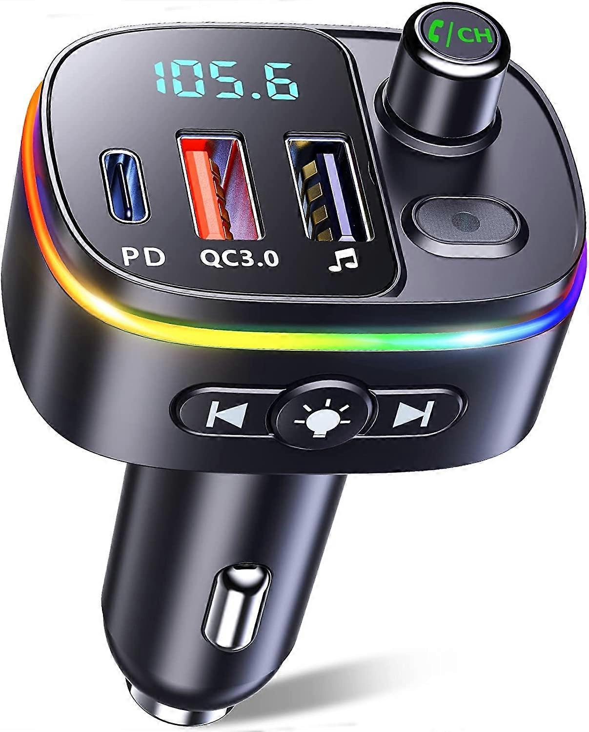 Bluetooth 5.0 FM Transmitter, QC3.0 & PD 18W USB C Bluetooth Car FM Transmitter with 9 RGB Backlit, Car Bluetooth Adapter Support Hands-free Calls, As