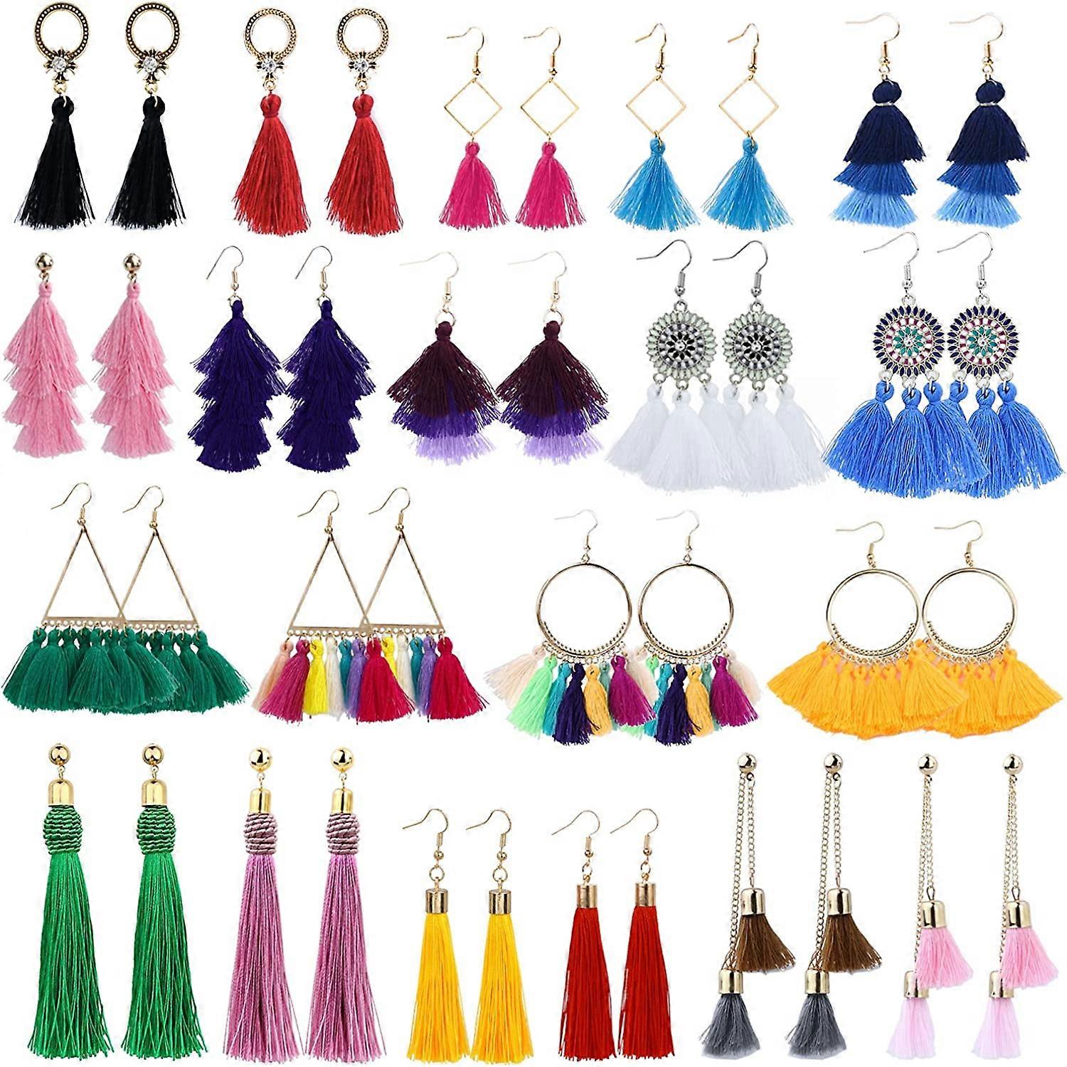 18-32 Pairs Tassel Earrings Set with Colorful Tassel Long Layered Dangle Hoop Tiered Thread