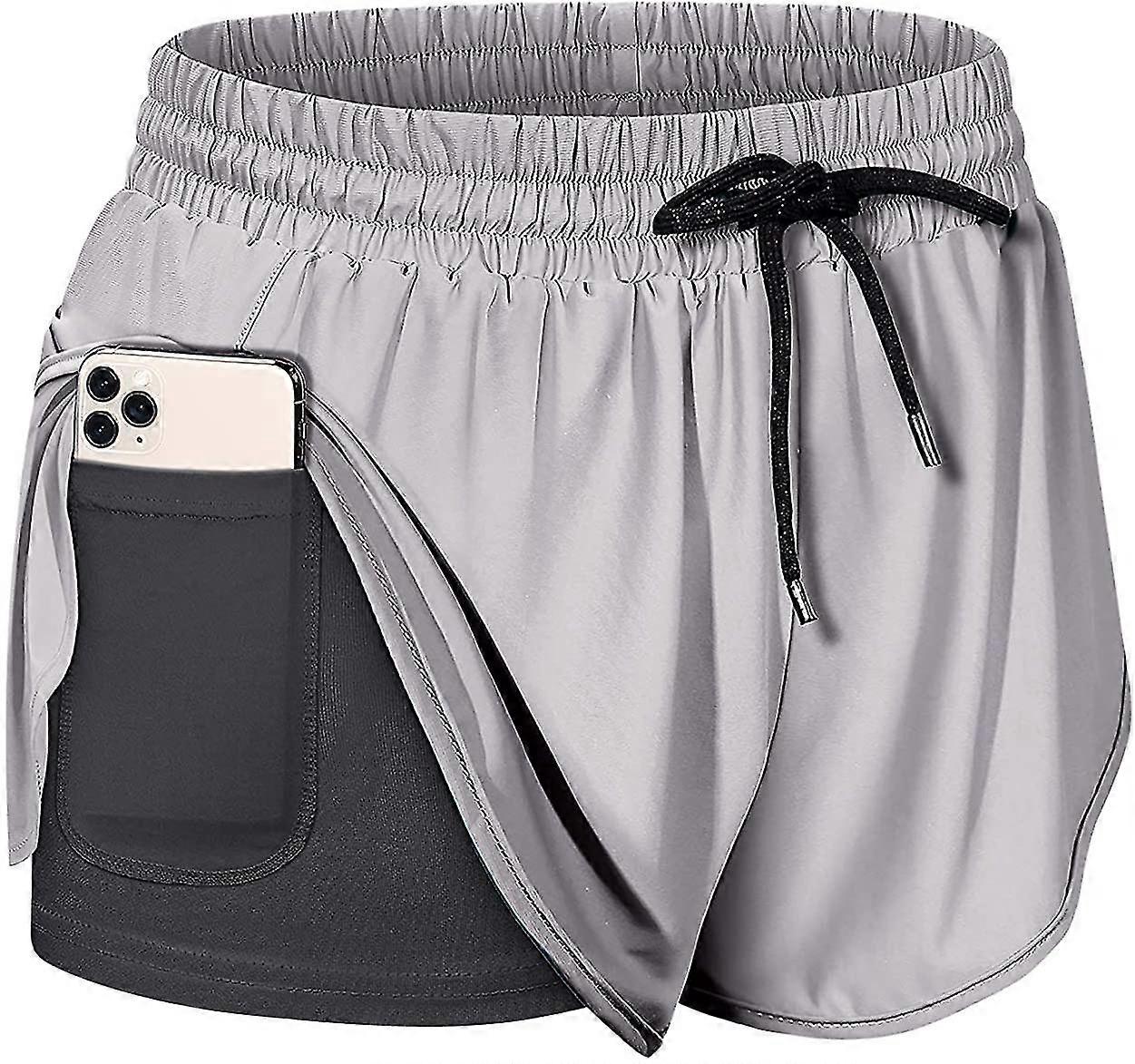 Kvinnor Drawstring Waist Athletic Running Shorts Med Liner Inner Pocket$womens Double Layer Drawstring Elastic Waist Athletic Shorts Med Fickor $kvinnor