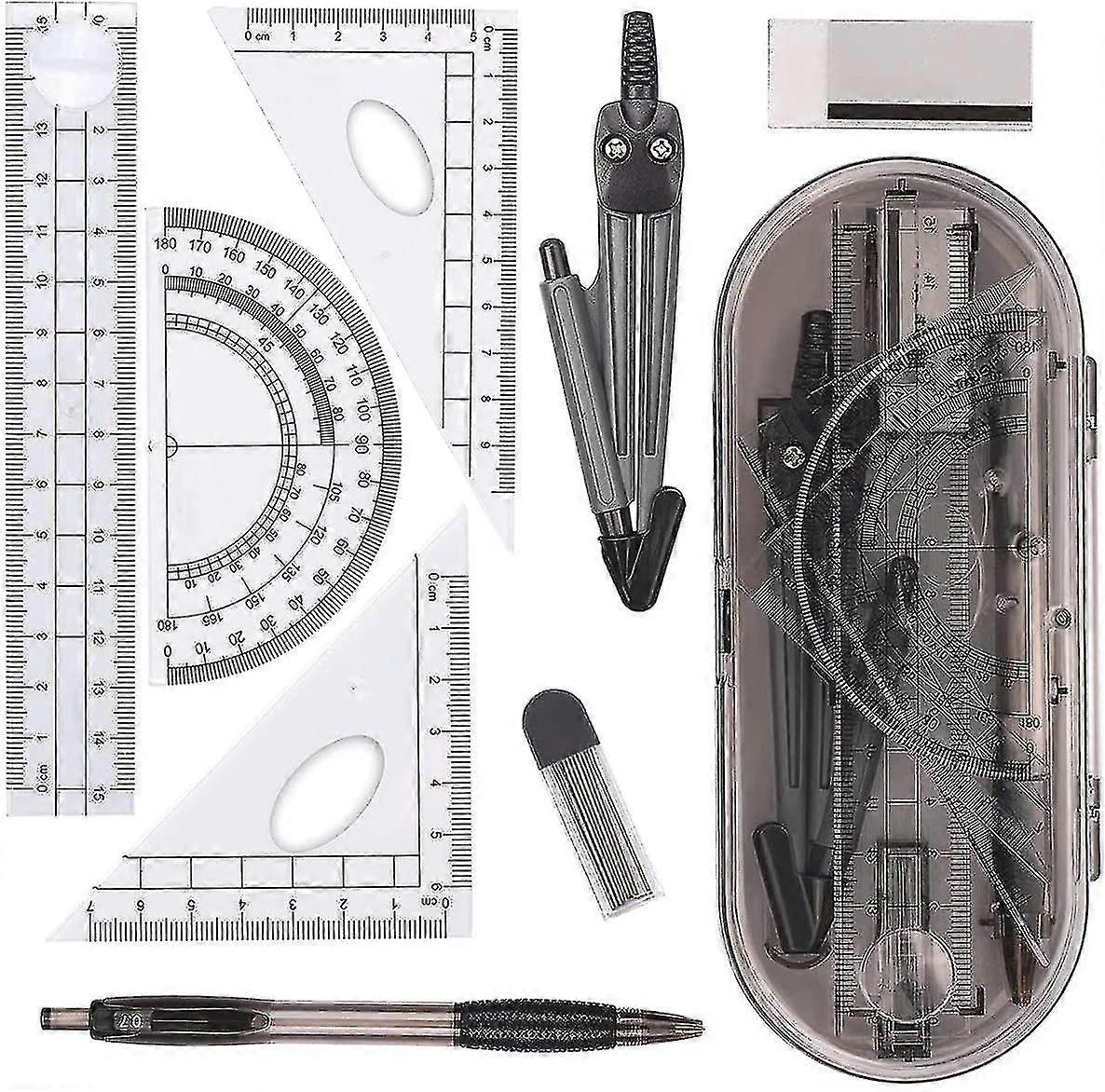 Mathematical Geometry Kit Including Ruler, Protractor, Compass, Pencil Lead