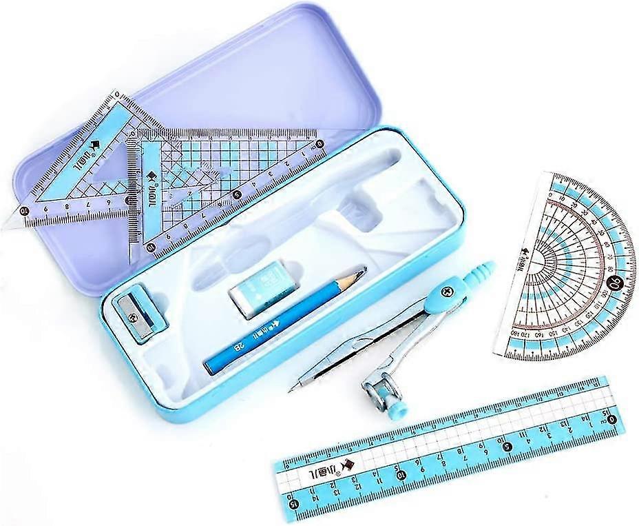 8 Pack Compass/math Set For Students With Storage Box, Includes Ruler, Protractor, Compass, Pencil,pencil Sharpener And Eraser